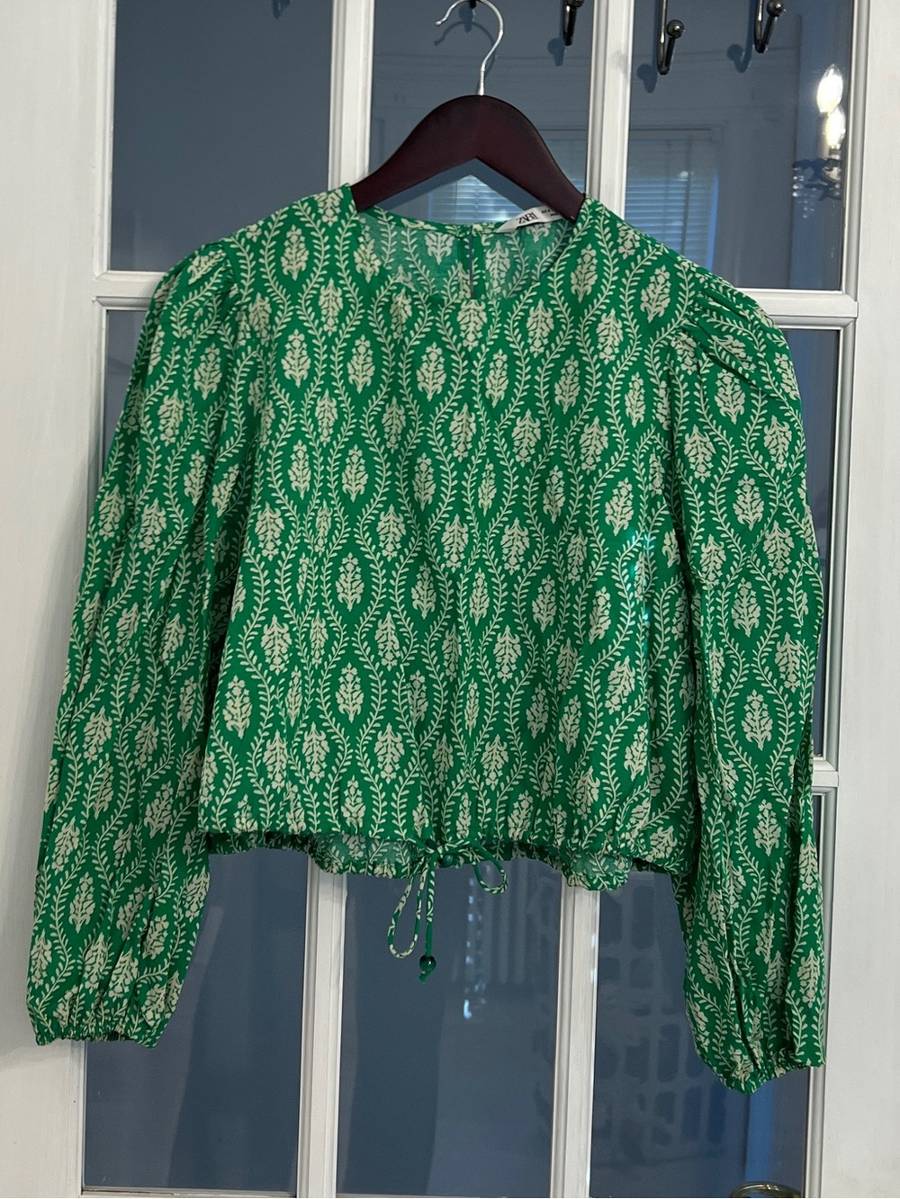 ZARA Women's Green Fern Print Cotton Long Sleeve Tie Waist Top Size S
